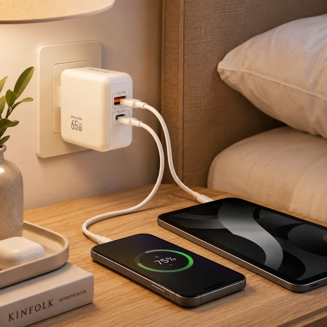 Cargador Philco QC665 65W GaN USB-C PD + USB 18W