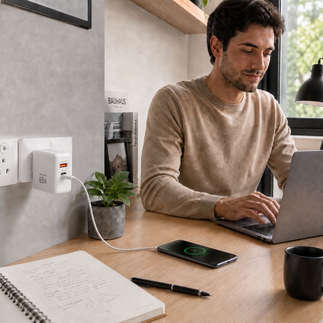 Cargador Philco QC665 65W GaN USB-C PD + USB 18W
