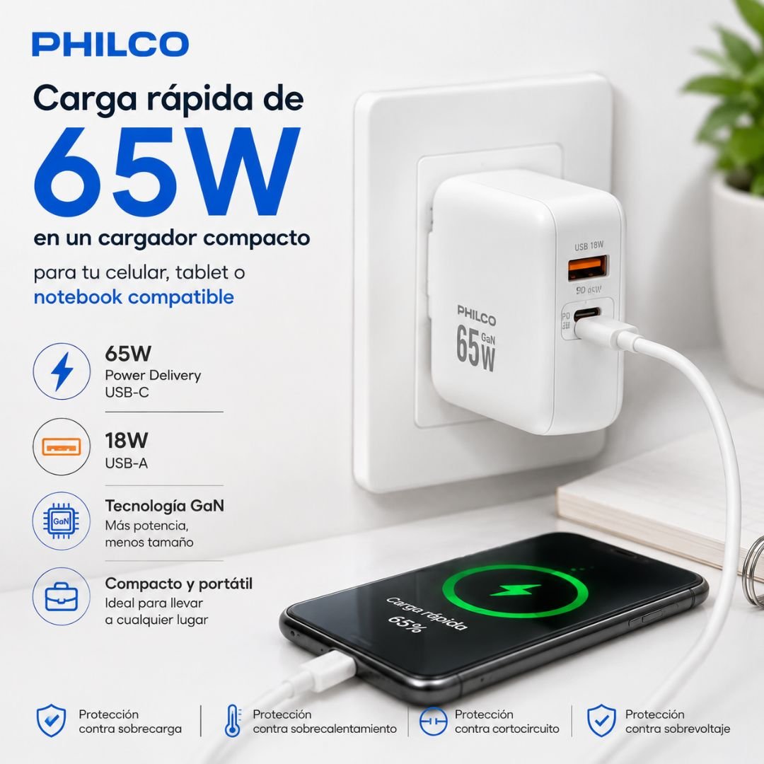 Cargador Philco QC665 65W GaN USB-C PD + USB 18W